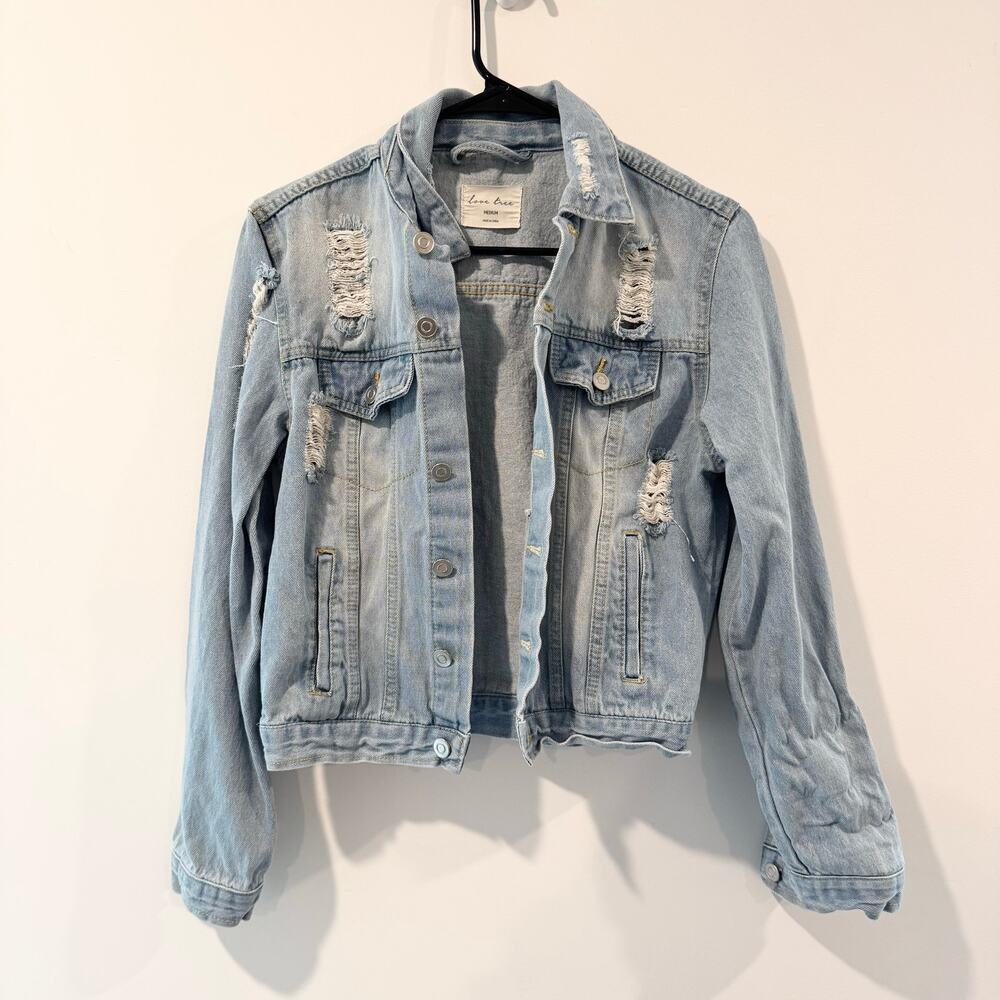 Denim Jacket Distressed Light Wash Womens Medium Blue Short